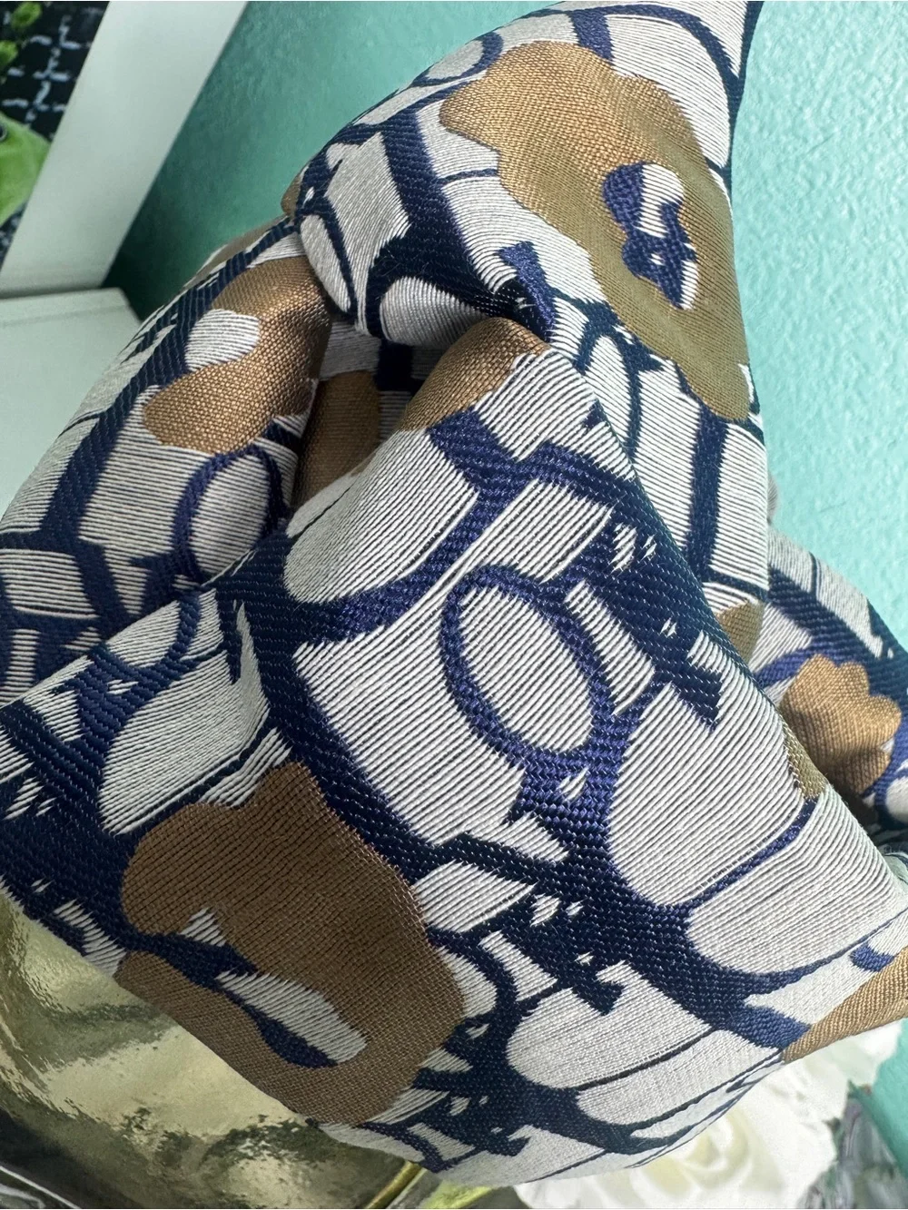 Dior Navy, White & Gold Silk Logo-Print Scarf